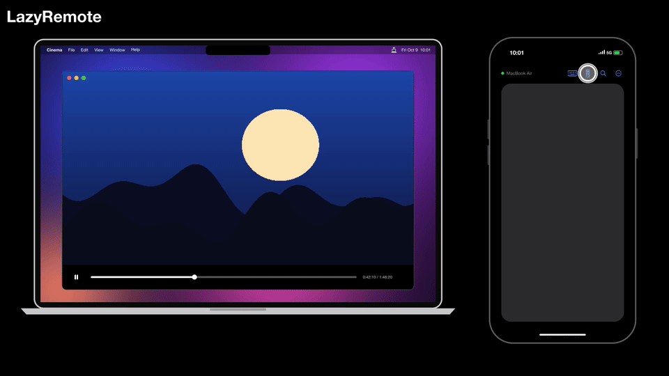 Opening the D-pad from the iPhone's top bar to skip through a Mac video and pause it