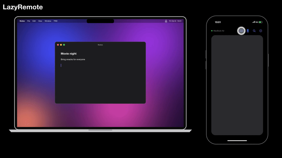 Opening the keyboard from the iPhone's top bar, typing live into Mac Notes with autocorrect syncing, then tapping Send