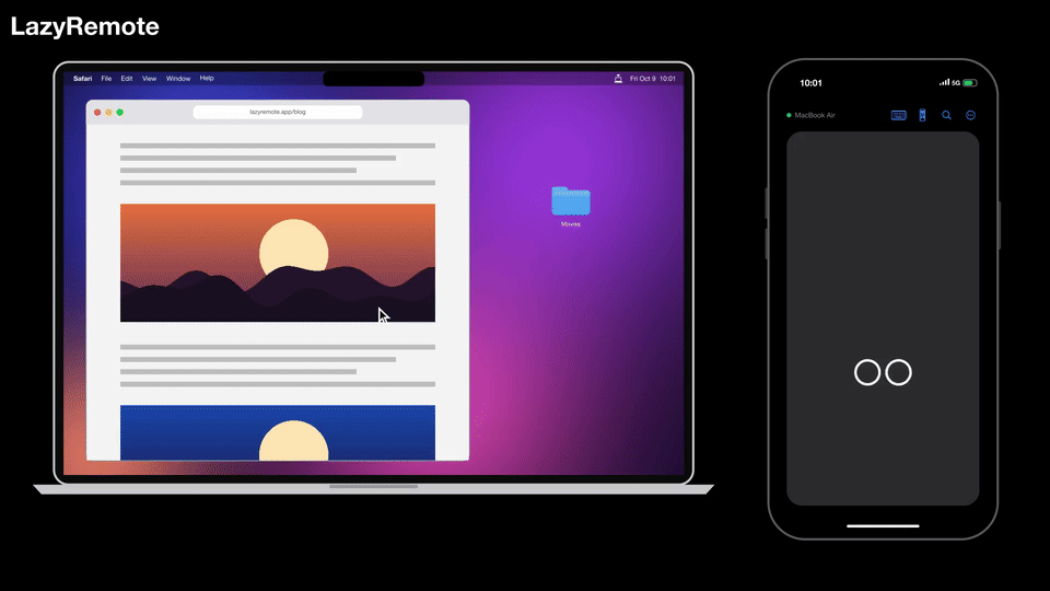 Scrolling a web page, dragging a folder and switching desktops from the iPhone